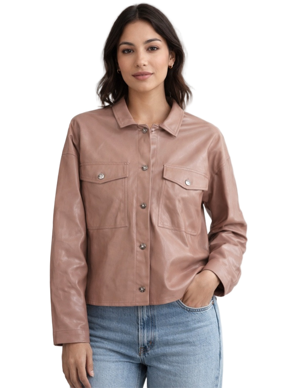 Tahari Women's faux leather light pink button down Jacket